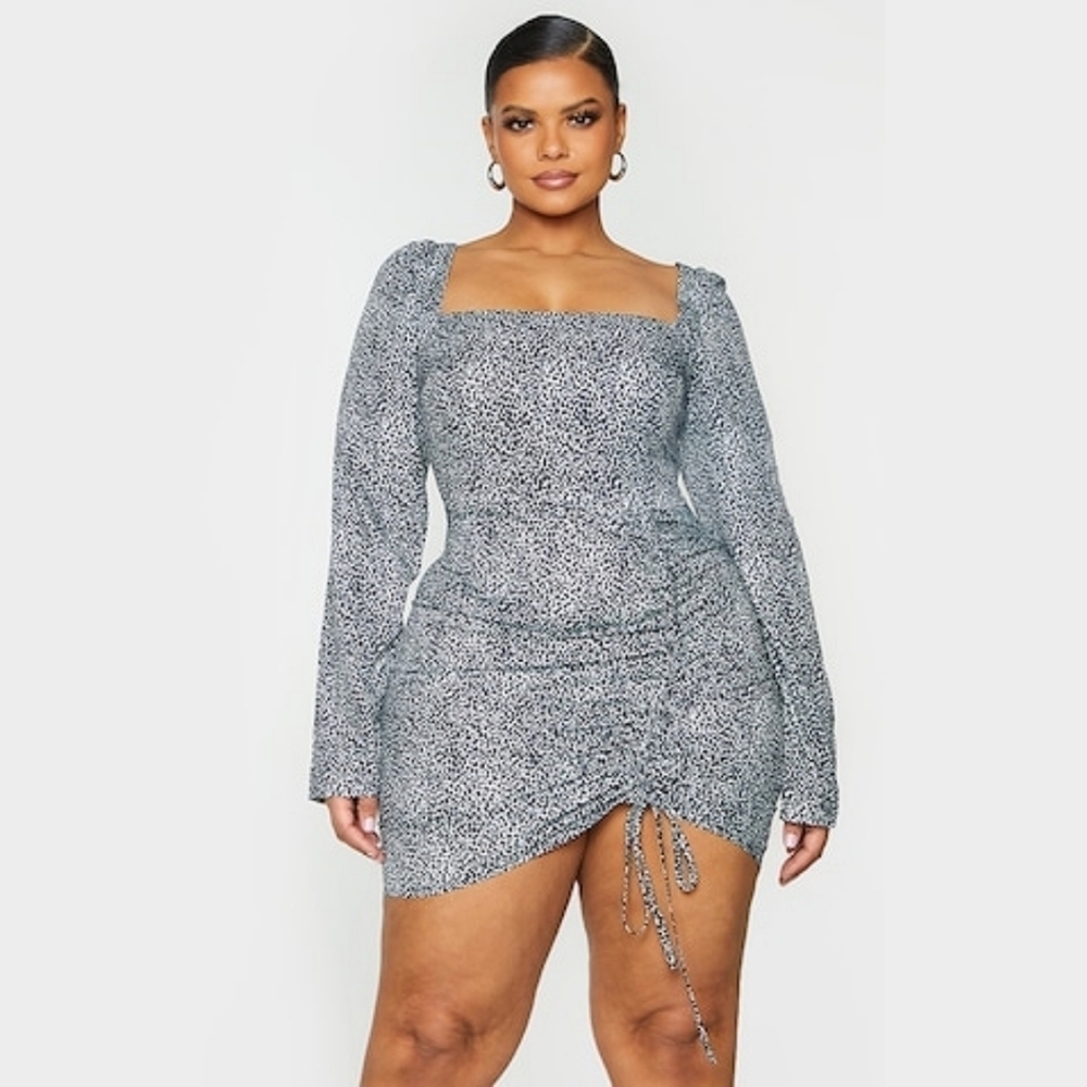 PLT Abstract Speckled Print Long Sleeve Curvy Mini Charcoal Black White - sz 24